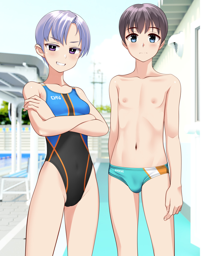 1boy 1girl absurdres age_difference androgynous aqua_male_swimwear black_hair black_one-piece_swimsuit blue_eyes blue_sky breasts cloud commentary_request competition_swimsuit crossed_arms day grey_eyes grin highres male_swimwear multicolored_male_swimwear multicolored_swimsuit one-piece_swimsuit onee-shota original outdoors purple_eyes short_hair sky small_breasts smile standing swim_briefs swimsuit takafumi variant_set