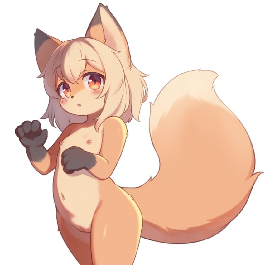 1girl :o animal_ears blonde_hair blush cleft_of_venus commentary completely_nude cowboy_shot double-parted_bangs flat_chest fox_ears fox_girl fox_tail furry hair_between_eyes hands_up loli looking_at_viewer matsuu_(akiomoi) navel nipples nude open_mouth original pussy red_eyes short_hair simple_background solo tail white_background