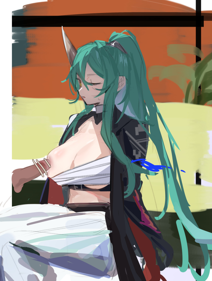 1boy 1girl arknights bar_censor black_jacket breasts brown_horns censored chest_sarashi commentary_request hair_between_eyes highres horns hoshiguma_(arknights) jacket large_breasts long_hair nipple_stimulation nipples one_breast_out one_eye_closed penis ponytail sarashi single_horn sitting sketch solo_focus very_long_hair ydjc0604 yellow_eyes