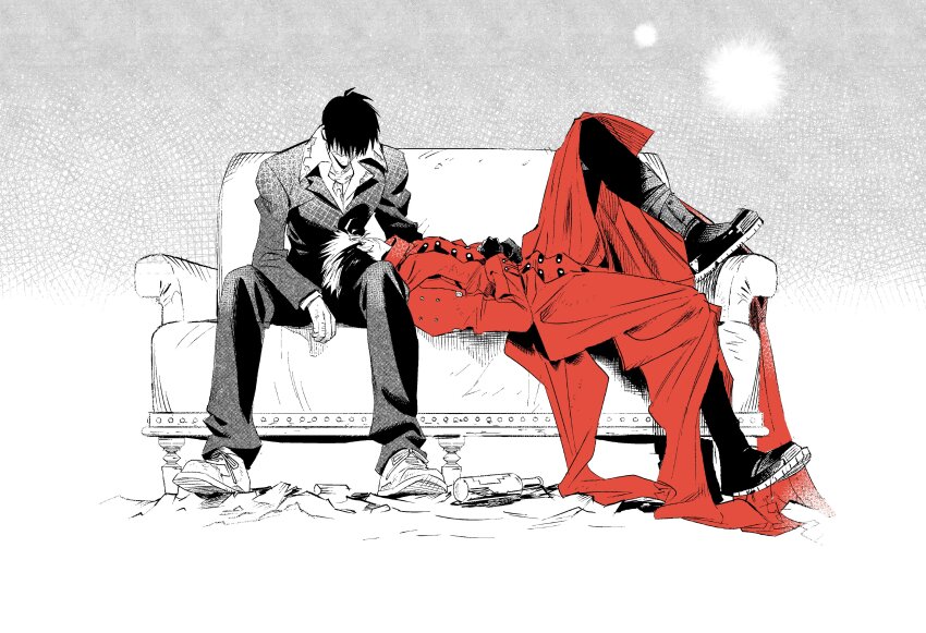 2boys absurdres b4w8d black_boots black_gloves black_pants boots coat collared_shirt couch gloves hashtag-only_commentary highres jacket lap_pillow layered_sleeves long_sleeves lying male_focus multicolored_hair multiple_boys nicholas_d._wolfwood on_back open_collar pants red_coat shirt shoes short_hair sneakers spiked_hair suit_jacket trigun two-tone_hair vash_the_stampede yaoi