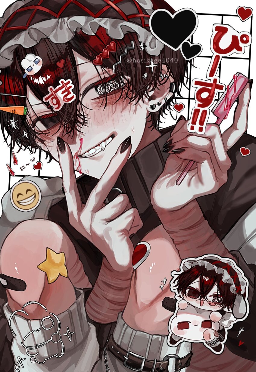 1boy @_@ aegyo_sal between_legs black_eyes black_hair black_nails carrot_hair_ornament chibi chibi_inset commentary_request crossed_bangs double-parted_bangs eyebrow_razor fang food-themed_hair_ornament grin hair_between_eyes hair_ornament hand_between_legs hand_up highres holding_razor_blade hosikage4040 knees_up leg_belt looking_at_viewer male_focus original rabbit_hair_ornament razor_blade scar scar_on_arm self-harm short_hair smile socks solo thigh_cutting translation_request turtleneck v v_over_mouth white_socks wrist_cutting