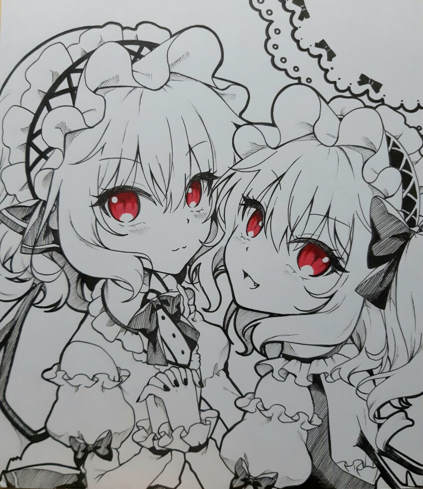 2girls :d back_cutout bat_wings beni_kurage bow bowtie closed_mouth clothing_cutout commentary_request doily dress flandre_scarlet frilled_dress frilled_shirt_collar frills greyscale hair_between_eyes highres interlocked_fingers looking_at_viewer looking_back medium_hair monochrome multiple_girls open_mouth puffy_short_sleeves puffy_sleeves red_eyes remilia_scarlet shikishi short_hair short_sleeves siblings sisters smile spot_color touhou traditional_media upper_body vest wings