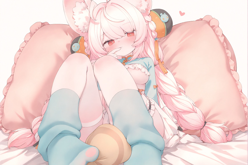 1girl absurdres ahoge animal_ear_fluff animal_ear_piercing animal_ears blush braid bright_pupils furry furry_female hair_ornament highres juixy long_hair looking_at_viewer open_mouth original pink_fur pink_hair rabbit_ears rabbit_girl red_eyes shirt short_eyebrows solo thick_eyebrows twin_braids white_pupils zenless_zone_zero zhao_(zenless_zone_zero)