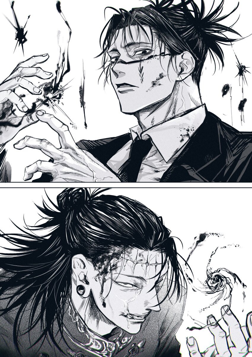 2boys absurdres blood blood_on_clothes blood_on_face choso_(jujutsu_kaisen) collared_shirt facial_mark formal_clothes getou_suguru getou_suguru_(kenjaku) greyscale hair_bun hair_slicked_back hemokinesis highres jacket jozpic jujutsu_kaisen male_focus medium_hair monochrome multiple_boys necktie plug_(piercing) powering_up shirt short_hair short_twintails stitched_forehead suit suit_jacket twintails