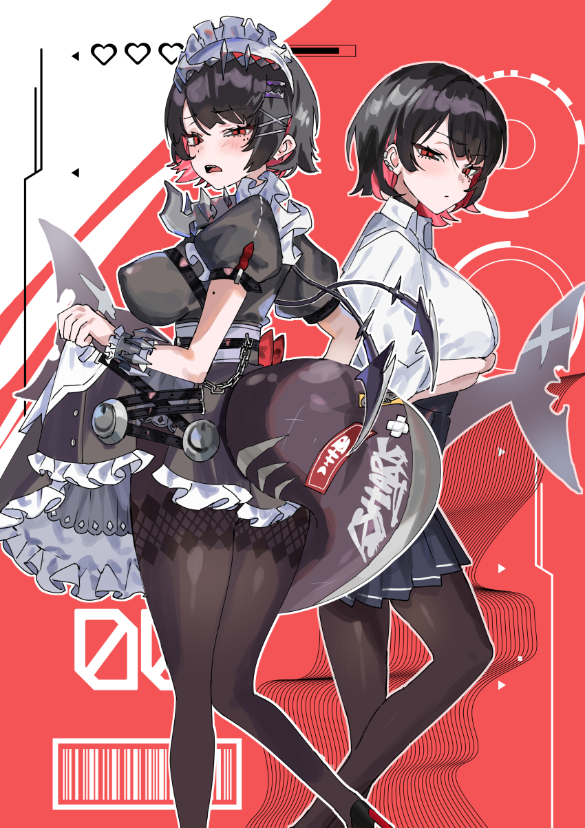 2girls absurdres apron argyle_clothes argyle_pantyhose arms_under_breasts back_bow bad_anatomy bad_leg bakemon_(pp_777_pp) bandaid_on_tail barcode belt black_belt black_choker black_dress black_hair black_pantyhose black_shoes black_skirt black_tail blush bob_cut bow breasts chain chest_belt choker closed_mouth clothing_cutout collar colored_inner_hair commentary covered_erect_nipples crossed_bandaids disgust dress dual_persona ear_piercing ellen_joe ellen_joe_(on_campus) feet_out_of_frame fins fish_tail framed_breasts frilled_dress frilled_hairband frilled_straps frilled_wristband frills furrowed_brow hair_ornament hairband hairpin half-closed_eyes heart high-waist_skirt high_heels highres knees_together_feet_apart large_breasts looking_at_viewer looking_back maid_apron maid_headdress metal_collar miniskirt mole mole_on_arm mole_under_eye multicolored_hair multiple_girls multiple_moles multiple_piercings narrowed_eyes open_mouth outline pantyhose piercing pleated_skirt puffy_short_sleeves puffy_sleeves raised_eyebrows razor_blade_hair_ornament red_background red_bow red_eyes red_hair scar scar_on_tail school_uniform shark_girl shark_tail sharp_teeth shiny_clothes shiny_legwear shirt shoes short_hair short_sleeves sideways_glance skirt skirt_hold sleeves_pushed_up spiked_collar spiked_hairband spiked_wristband spikes standing standing_on_one_leg symbol-only_commentary tail tail_through_clothes teeth two-tone_hair underbust uneven_eyes upper_teeth_only waist_apron white_apron white_hairband white_outline white_shirt wing_collar x_hair_ornament zenless_zone_zero