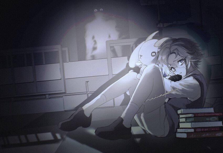 1boy 1other aged_down aotsuki_eito black_gloves black_shoes black_vest book book_stack commentary dark_room eyelashes glasses gloves grey_eyes grey_hair holding holding_stuffed_toy indoors male_focus on_floor scared shaded_face shirt shoes short_hair shorts signature sitting socks stuffed_animal stuffed_goat stuffed_toy symbol-only_commentary the_hundred_line_-last_defense_academy- vest vixlune white_shirt white_shorts white_socks