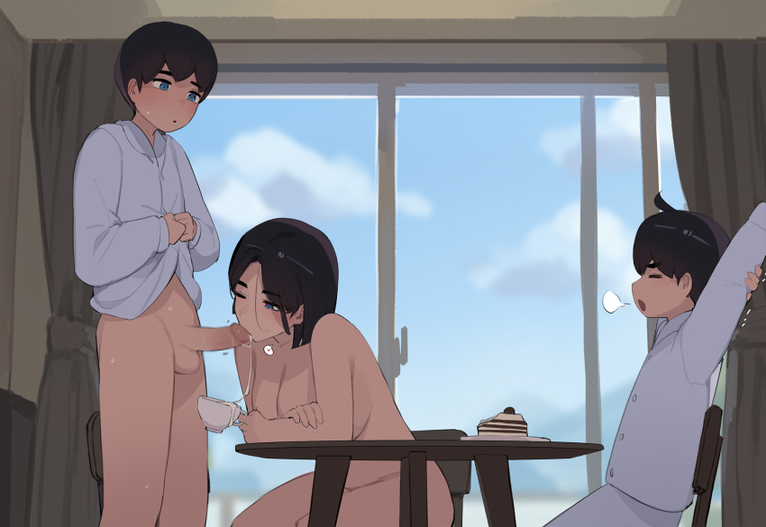 1girl 2boys age_difference ahoge akiyama_toru_(pepper0) akiyama_yuko_(pepper0) akiyama_yuto_(pepper0) black_hair bottomless brothers cake censored chair clothed_male_nude_female clothes_lift cloud cum_in_container cum_in_cup cup curtains fellatio food highres incest indoors medium_penis morning mosaic_censoring mother_and_son multiple_boys nude onee-shota oral original pajamas pajamas_lift penis pepper0 shirt_lift short_hair shota siblings sliding_doors stretching table window yawning