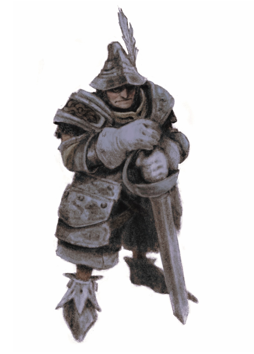 1boy absurdres adelbert_steiner armor armored_boots boots chainmail closed_mouth final_fantasy final_fantasy_ix frown gloves gobli_prin hat_feather helmet highres holding holding_sword holding_weapon knight male_focus pauldrons plate_armor shoulder_armor solo standing sword weapon white_background white_gloves