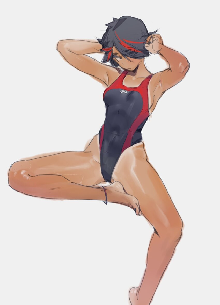 1girl armpits arms_up barefoot black_hair commentary dark-skinned_female dark_skin english_commentary feet highres li_xiahua_(prisoners_book) multicolored_hair one-piece_swimsuit original prisoners_book_(artist) red_streaks short_hair sitting sketch solo swimsuit tan tanline tomboy toned toned_female two-tone_hair