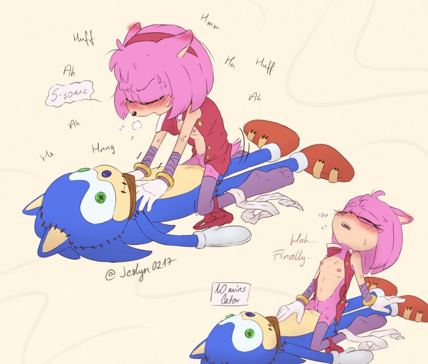 amy_rose blush breasts breath closed_eyes doll female_masturbation furry gloves hair_ornament hairband heavy_breathing hedgehog highres jeslyn0217 kneeling masturbation panties pussy scarf sega shirt socks solo sonic_(series) sonic_boom_(series) sonic_the_hedgehog sweat tail tail_motion tail_wagging talking thighhighs unbuttoned unbuttoned_shirt underwear