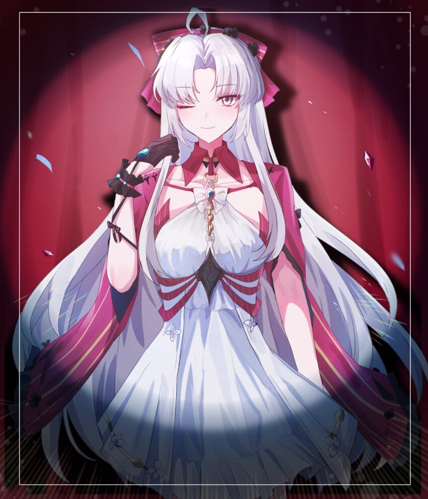 1girl ahoge black_gloves bow breasts carlotta_(wuthering_waves) closed_mouth commentary_request cowboy_shot dress gloves hair_bow hand_up highres jacket looking_at_viewer medium_breasts one_eye_closed parted_bangs pink_bow pink_jacket smile solo soyogi_nrso spotlight stage striped_bow white_dress white_eyes wuthering_waves