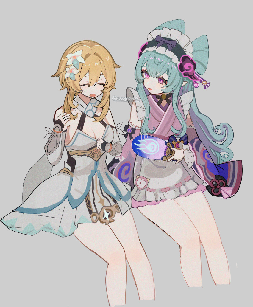 2girls aqua_hair bare_shoulders black_gloves blonde_hair breasts cleavage closed_eyes clothes_pull commentary_request cropped_legs detached_sleeves dress dress_pull flower frilled_hairband frills genshin_impact gloves grey_background hair_flower hair_ornament hairband hand_fan highres holding holding_fan hot invisible_chair japanese_clothes kimono kuromu_shado long_sleeves looking_at_another lumine_(genshin_impact) multiple_girls parted_lips partially_fingerless_gloves pink_kimono pointy_ears pulling_own_clothes short_hair_with_long_locks side-by-side simple_background sitting smile twitter_username white_dress yumemizuki_mizuki