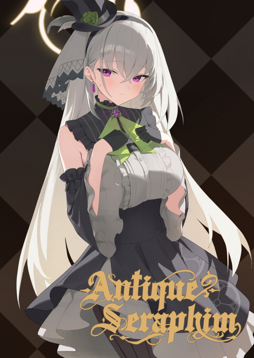 1girl black_dress black_hat black_pantyhose blue_archive blush breasts brooch commentary_request crossed_bangs detached_sleeves dress earrings flower grey_dress grey_hair hairband halo hat highres jewelry large_breasts long_hair looking_at_viewer neck_ribbon pantyhose purple_eyes ribbon sakurako_(blue_archive) sakurako_(idol)_(blue_archive) siu_hing5262 smile solo top_hat two-tone_dress