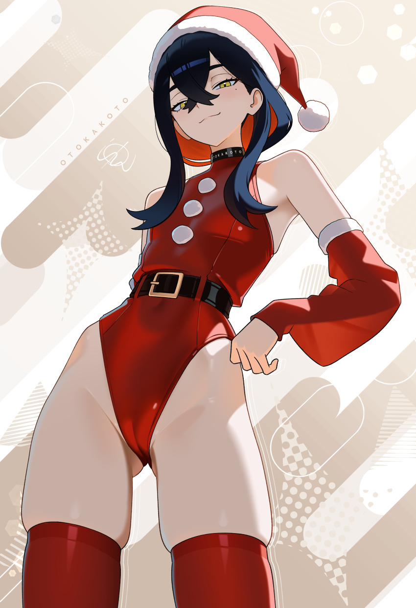 1girl absurdres artist_name belt black_belt black_choker black_hair breasts cameltoe carmine_(pokemon) choker closed_mouth colored_inner_hair crossed_bangs detached_sleeves hat highleg highleg_leotard highres hip_bones leotard mole mole_under_eye multicolored_hair nintendo otokakoto pokemon pokemon_sv red_hair red_leotard red_thighhighs santa_hat skindentation small_breasts smile solo thighhighs thighs two-tone_hair yellow_eyes