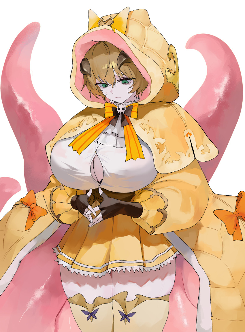 1girl absurdres ascot black_bra black_gloves black_horns blonde_hair bra breasts brown_ribbon capelet cleavage closed_mouth commentary commission cowboy_shot fingerless_gloves gloves green_eyes hair_between_eyes highres hood hood_up hooded_capelet horns huge_breasts long_sleeves looking_down miniskirt monster_girl nbee_ya neck_ribbon original puffy_sleeves ribbon shirt short_hair simple_background skirt skull_ornament small_sweatdrop solo tentacles thighhighs thighs underwear white_ascot white_background white_shirt yellow_capelet yellow_ribbon yellow_skirt yellow_thighhighs