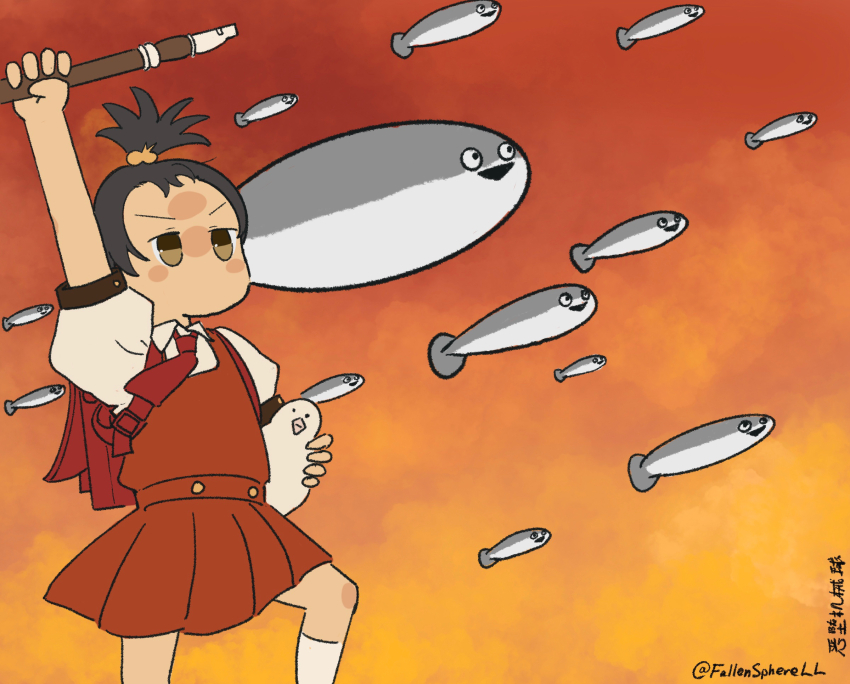 1girl alternate_hairstyle animal arm_up backpack bag black_hair brown_eyes command_&amp;_conquer command_&amp;_conquer:_red_alert command_&amp;_conquer:_red_alert_2 commentary cowboy_shot dress english_commentary fallenspherell fish flute gradient_background hair_bobbles hair_ornament hand_up highres holding holding_animal holding_flute holding_instrument instrument jitome kaai_yuki kyoufuu_all_back_(vocaloid) necktie no_mouth open_mouth orange_background puffy_short_sleeves puffy_sleeves randoseru recorder red_background red_dress red_necktie red_shirt sacabambaspis shirt short_hair short_sleeves skirt skirt_set socks solo standing standing_on_one_leg topknot translation_request triangle_mouth twintails twitter_username v-shaped_eyebrows white_shirt white_socks yellow_background