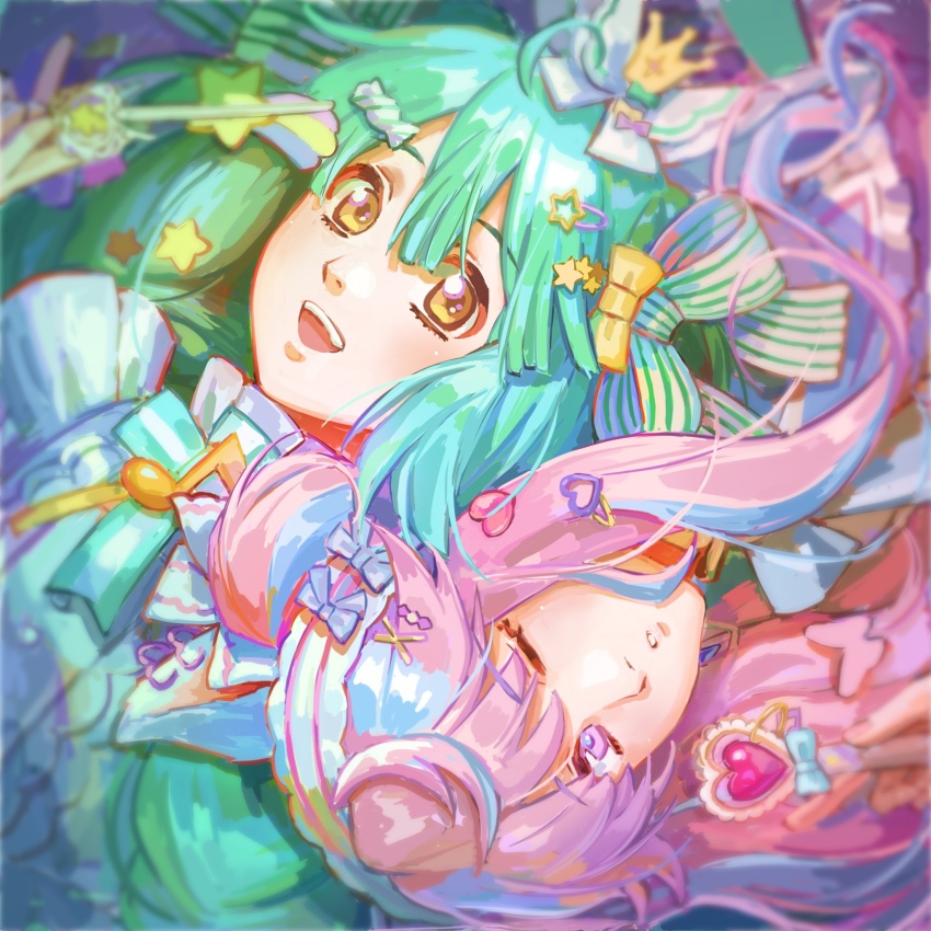 2girls aqua_bow aqua_bowtie blunt_bangs blush bow bowtie commentary dress english_commentary frilled_dress frills green_bow green_bowtie green_hair hair_between_eyes hair_ornament hair_ribbon hairclip heart heart_hair_ornament highres holding long_hair looking_at_viewer macross macross_frontier medium_hair multiple_girls nekkikamille open_mouth parted_lips pink_eyes pink_hair ranka_lee ribbon sheryl_nome sidelocks star_(symbol) star_hair_ornament teeth upper_body upper_teeth_only upside-down yellow_eyes