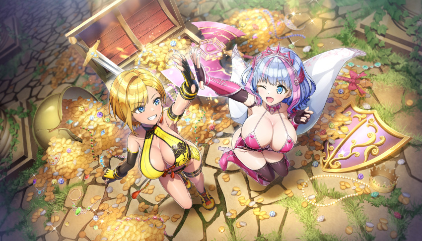 2girls :d armor armored_boots bikini_armor blonde_hair blue_eyes blue_hair boots breasts chalice china_dress chinese_clothes cleavage clenched_teeth cobblestone coin cup dark-skinned_female dark_skin dolphin_wave dress elbow_gloves fingerless_gloves from_above game_cg gauntlets gem gloves gold gold_coin gyaru high_five highres jewelry kukuri_tomo large_breasts looking_at_another medium_hair multicolored_hair multiple_girls murahaya_mashio necklace non-web_source official_art onee_gyaru ootomo_takuji open_mouth pearl_necklace pile_of_money pink_hair pink_streaks revealing_clothes shield short_hair smile standing standing_on_one_leg streaked_hair swept_bangs sword teeth treasure treasure_chest wavy_hair weapon yellow_dress