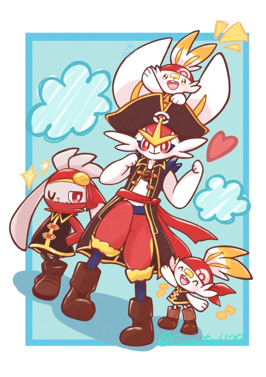 bandana black_coat body_fur boots brown_footwear cinderace cinderace_(captain) closed_eyes clothed_pokemon coat evolutionary_line gen_8_pokemon gokuaku_rabbit hand_in_pocket heart highres nintendo no_humans official_alternate_costume on_head one_eye_closed pirate pokemon pokemon_unite rabbit raboot red_bandana red_eyes scorbunny sleeveless sleeveless_coat twitter_username white_fur