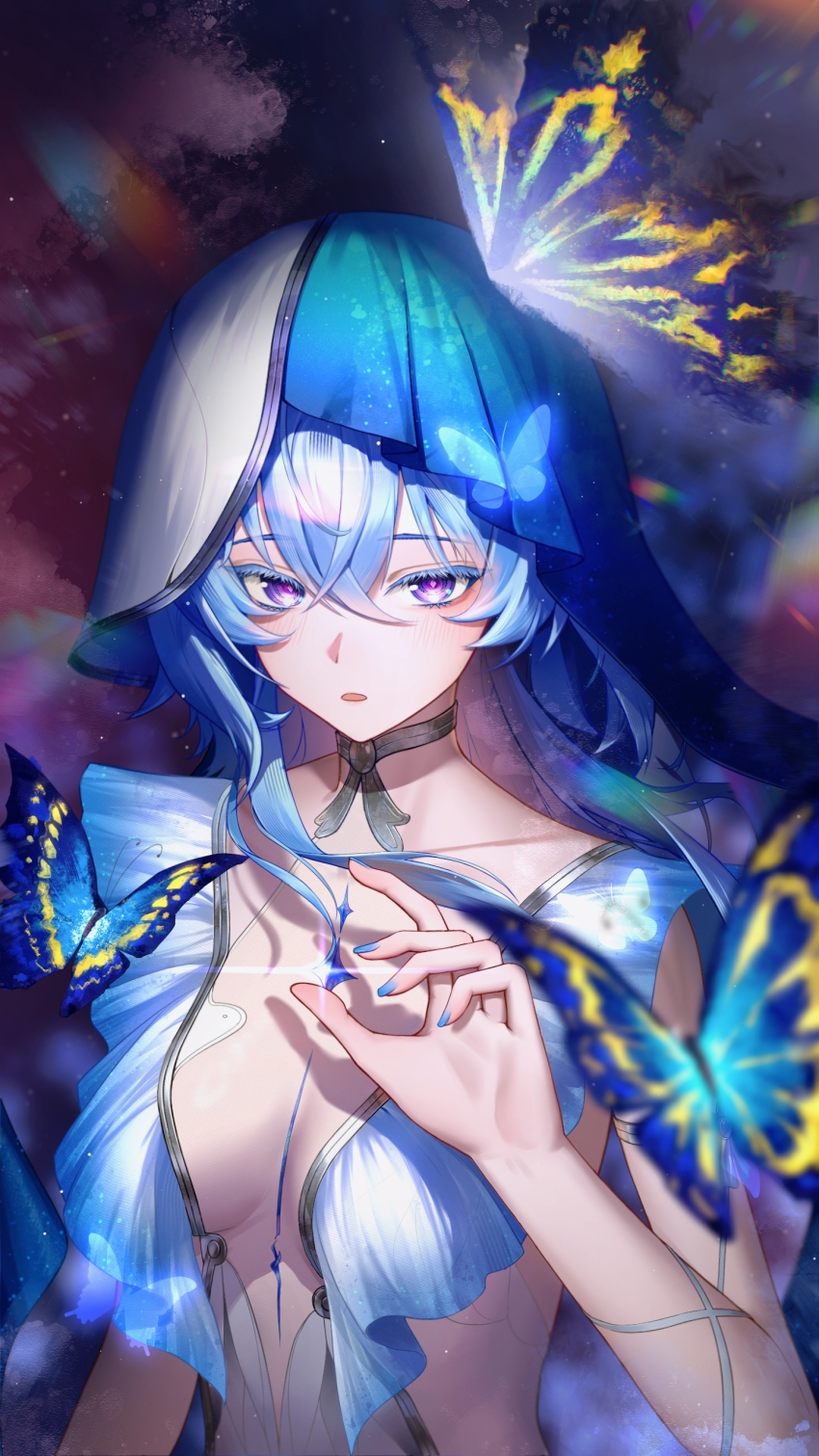 1girl absurdres armlet blue_butterfly blue_hair blue_nails blue_veil breasts bug butterfly chijiu_jo colored_eyelashes commentary_request fingernails hair_between_eyes highres insect jewelry large_breasts long_hair looking_at_viewer nail_polish parted_lips purple_eyes shorekeeper_(wuthering_waves) solo two-tone_veil upper_body veil white_veil wuthering_waves