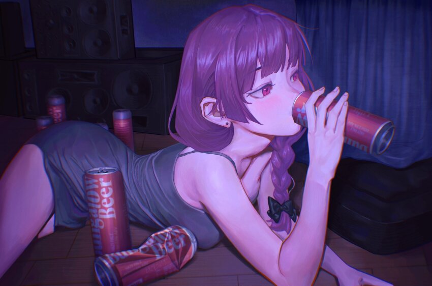 1girl alcohol bare_shoulders beer beer_can black_bow bocchi_the_rock! bow braid can crushed_can curtains dress drink drink_can duplicate earrings green_dress highres hiroi_kikuri holding holding_can holding_drink jewelry lying on_ground on_stomach purple_eyes purple_hair single_braid sleeveless sleeveless_dress stereo stud_earrings zhu_ting