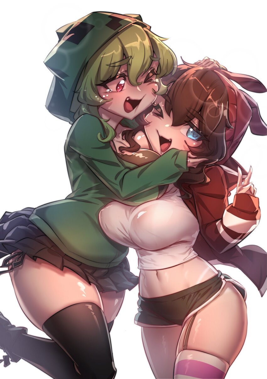 2girls beanie black_shorts black_skirt black_thighhighs blue_eyes breasts brown_hair commentary creeper dolphin_shorts double-parted_bangs english_commentary ermao_wu fang garter_straps green_hair green_hoodie hair_between_eyes hand_up hat highres hood hood_up hoodie hug large_breasts long_sleeves looking_at_another looking_at_viewer medium_hair microskirt midriff minecraft multiple_girls navel one_eye_closed open_mouth original personification pink_eyes red_hat red_shrug shirt short_shorts shorts shrug_(clothing) simple_background single_garter_strap skirt smile tearing_up thighhighs v white_background white_shirt