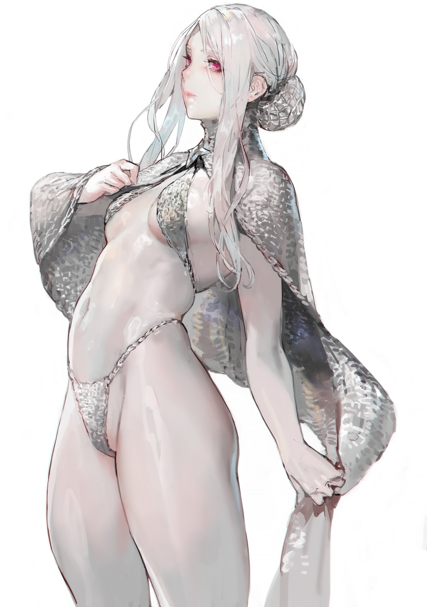 1girl aoin bikini breasts bun_cover commentary_request cowboy_shot from_side grey_bikini grey_hair hair_bun highleg highleg_bikini highres long_sidelocks looking_at_viewer making-of_available medium_breasts navel original parted_bangs parted_lips red_eyes sidelocks sideways_glance simple_background single_hair_bun solo standing star_(symbol) swimsuit white_background