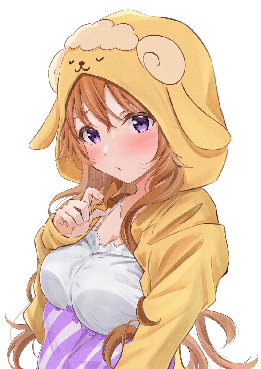 1girl animal_ears animal_hood breasts brown_hair cleavage frontrivers_kae hashtag-only_commentary highres holding holding_pillow hood hood_up konoe_kanata large_breasts looking_at_viewer love_live! love_live!_nijigasaki_high_school_idol_club open_clothes pajamas pillow purple_eyes shirt simple_background solo upper_body white_background white_shirt yellow_pajamas