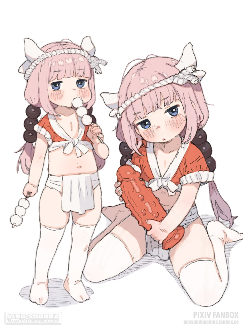 1girl blue_eyes blush dildo dragon_girl dragon_horns eating flat_chest full_body hair_ornament headband highres holding holding_sex_toy horns huge_dildo japanese_clothes kanna_kamui kobayashi-san_chi_no_maidragon legs loincloth loli long_hair long_twintails navel possummachine sex_toy simple_background sitting solo standing stomach thighhighs thighs twintails white_background white_thighhighs