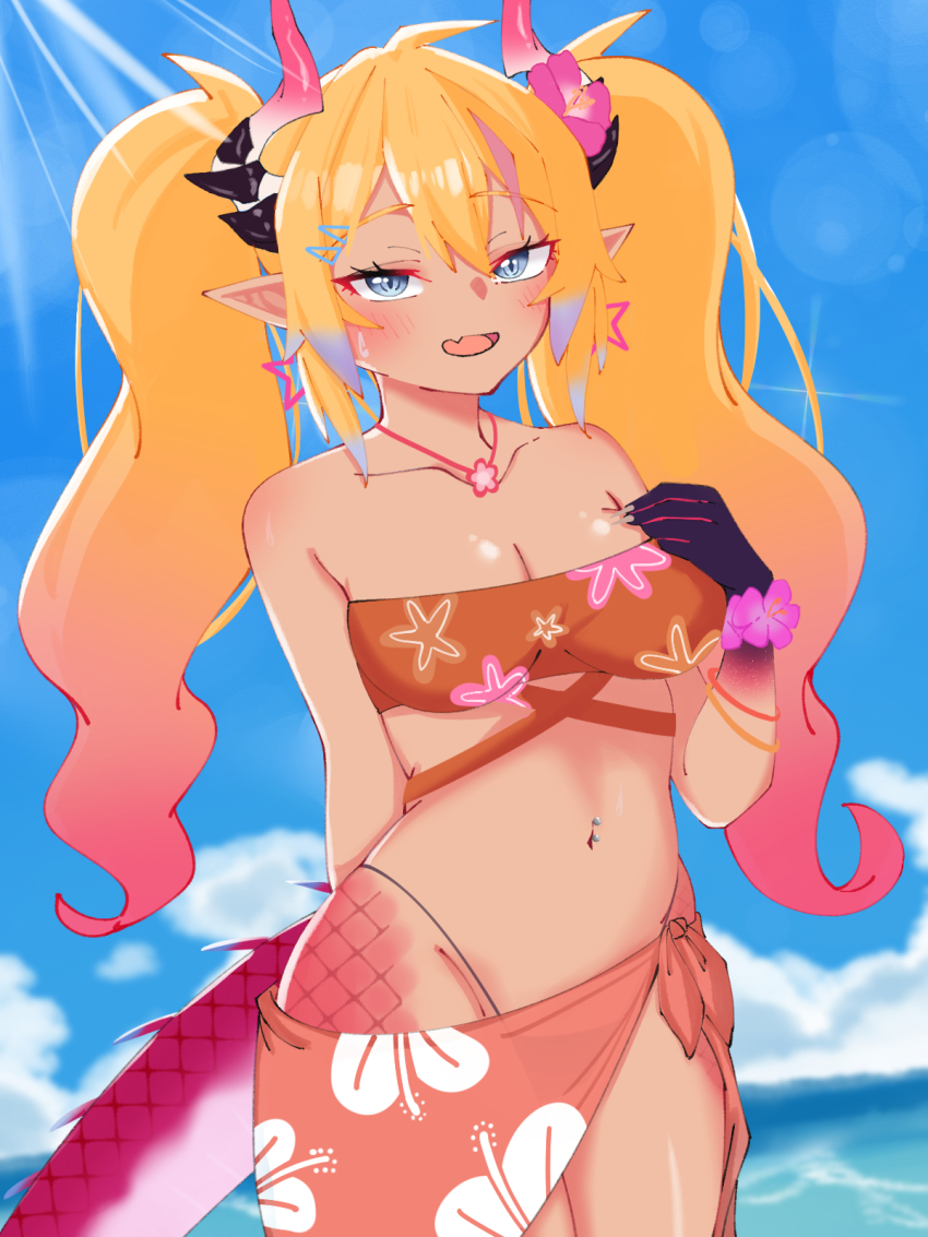 1girl bikini black_hair blue_eyes blue_sky breasts chromashift claws cleavage cloud collarbone colored_tips commentary cowboy_shot dark-skinned_female dark_skin day dragon_girl dragon_horns dragon_tail earrings eyelashes fang floral_print hair_ornament hairclip hand_on_own_chest highres horns jewelry kai_saikota ks_(o6k6s) long_hair multicolored_hair navel navel_piercing necklace official_alternate_hair_color official_alternate_skin_color open_mouth orange_bikini orange_sarong outdoors piercing pink_hair pointy_ears sarong skin_fang sky slit_pupils smile solo star_(symbol) star_earrings stomach streaked_hair sunlight swimsuit symbol-only_commentary tail tan twintails virtual_youtuber water