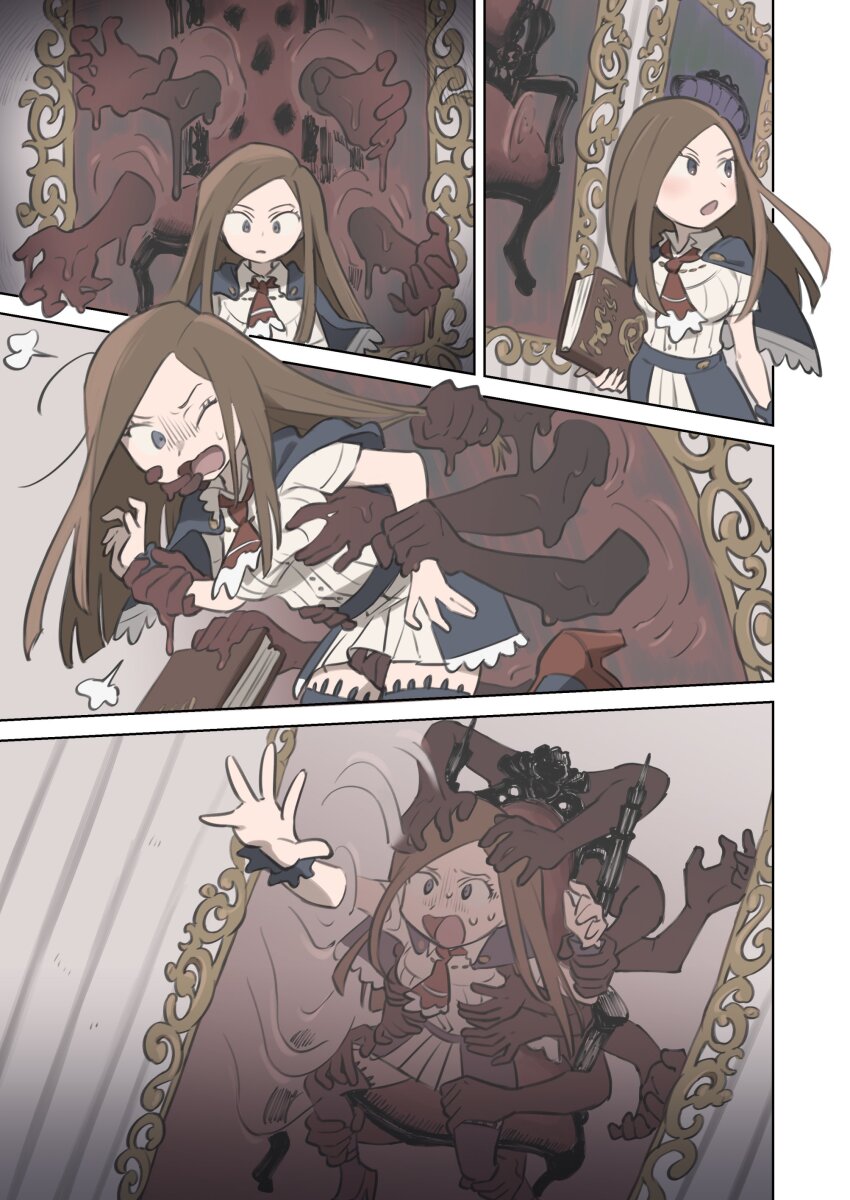 1girl absurdres ascot blue_capelet blue_thighhighs blush book brown_hair capelet castlevania:_portrait_of_ruin castlevania_(series) charlotte_aulin commission groping highres holding holding_book kinni long_hair open_mouth portrait_(object) red_ascot shirt skirt thighhighs white_shirt