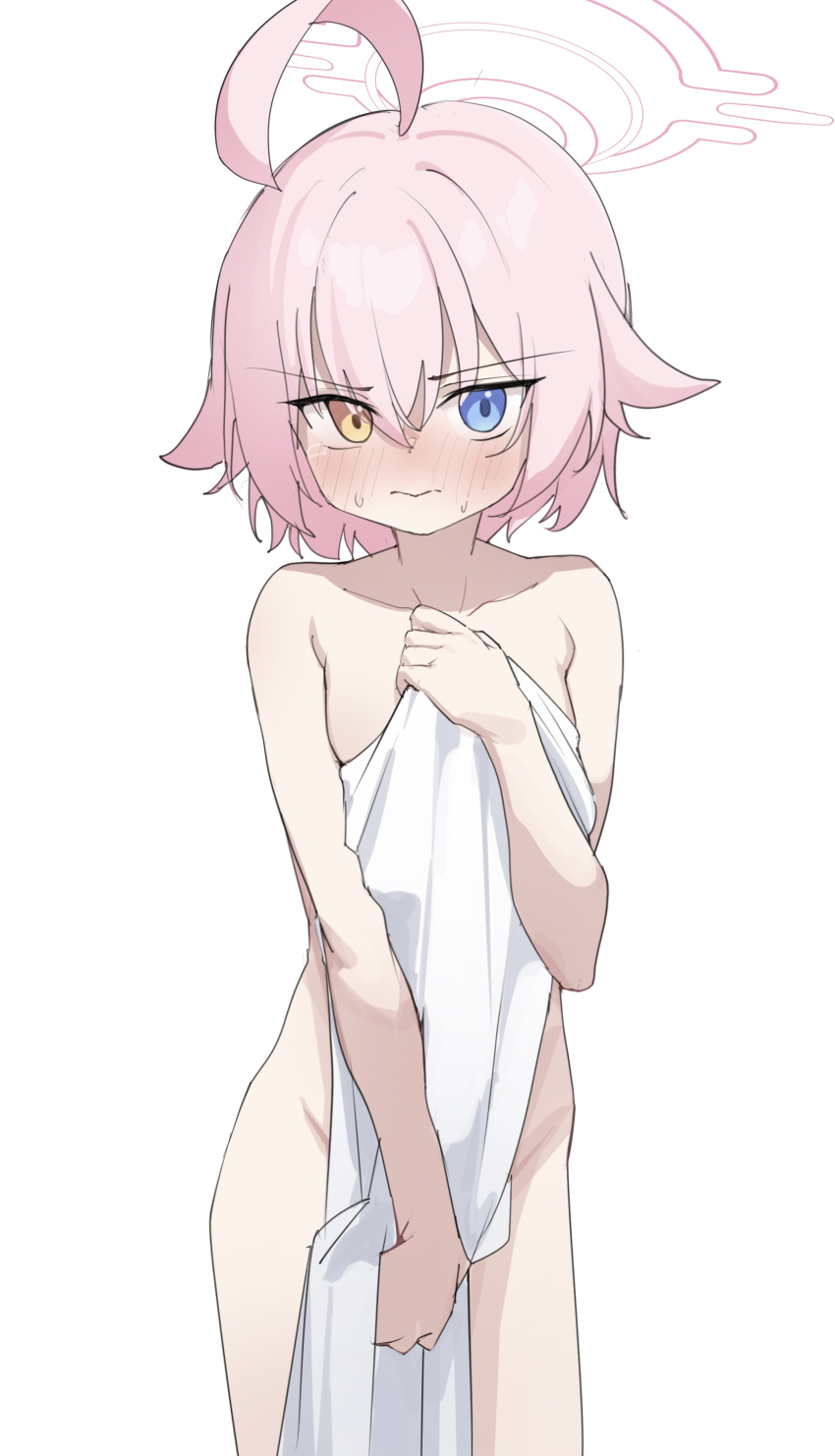1girl absurdres ahoge arsyky14 blue_archive blue_eyes blush closed_mouth collarbone completely_nude covering_privates cowboy_shot groin hair_between_eyes halo heterochromia highres holding holding_towel hoshino_(blue_archive) loli looking_at_viewer nude nude_cover pink_hair pink_halo short_hair simple_background solo towel white_background yellow_eyes