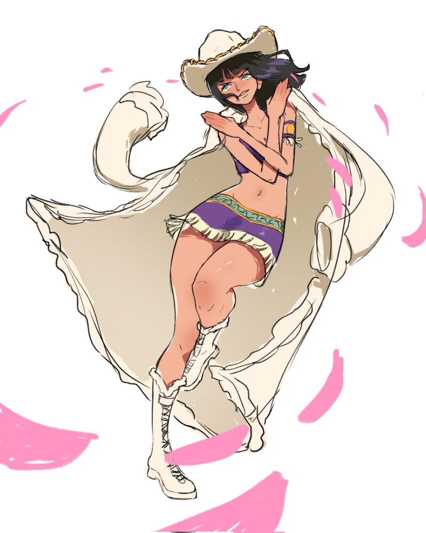1girl armlet black_hair blue_eyes blunt_bangs boots coat coat_on_shoulders commentary cowboy_hat crossed_arms drw_hrvnj full_body hat highres jewelry long_hair looking_to_the_side midriff navel nico_robin one_piece pink_petals purple_skirt skirt smile solo standing standing_on_one_leg symbol-only_commentary white_boots white_coat