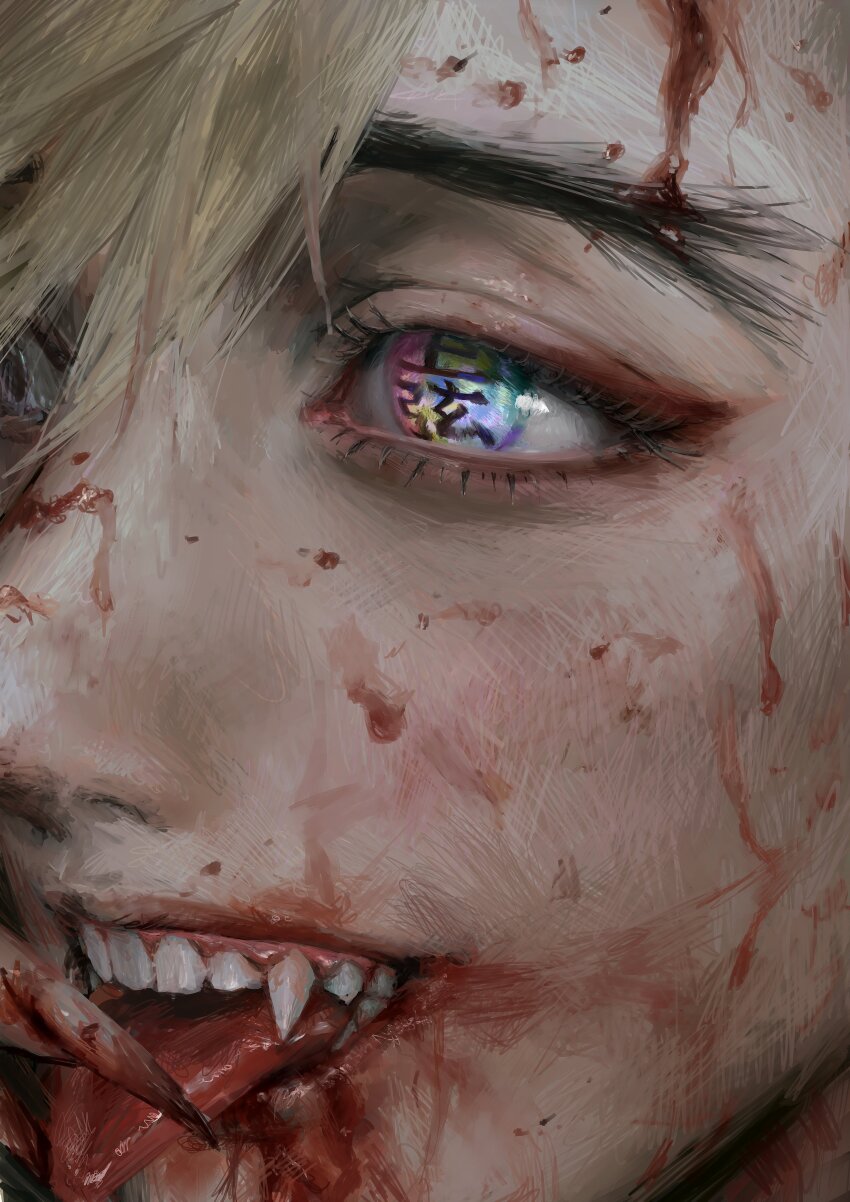 1boy absurdres blonde_hair blood blood_drip blood_from_mouth blood_on_face blood_on_hands close-up commentary douma_(kimetsu_no_yaiba) eyelashes eyeshadow facing_viewer fangs fingernails gums hatena_(nazequestion) highres kimetsu_no_yaiba makeup multicolored_eyes open_mouth rainbow_eyes red_eyeshadow sharp_fingernails smile solo symbol-only_commentary symbol-shaped_pupils teeth tongue tongue_out