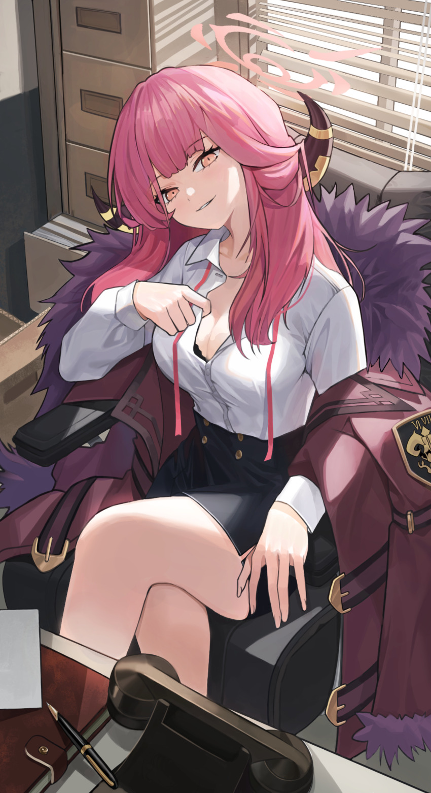 1girl aru_(blue_archive) black_skirt window_blinds blue_archive bra bra_peek breasts chair cleavage coat crossed_legs desk fur-trimmed_coat fur_trim grin halo highres horns kookie large_breasts long_hair looking_at_viewer office office_chair parted_lips partially_unbuttoned pen pencil_skirt phone pink_eyes pink_hair shirt_tucked_in sitting skirt smile solo swivel_chair thighs underwear