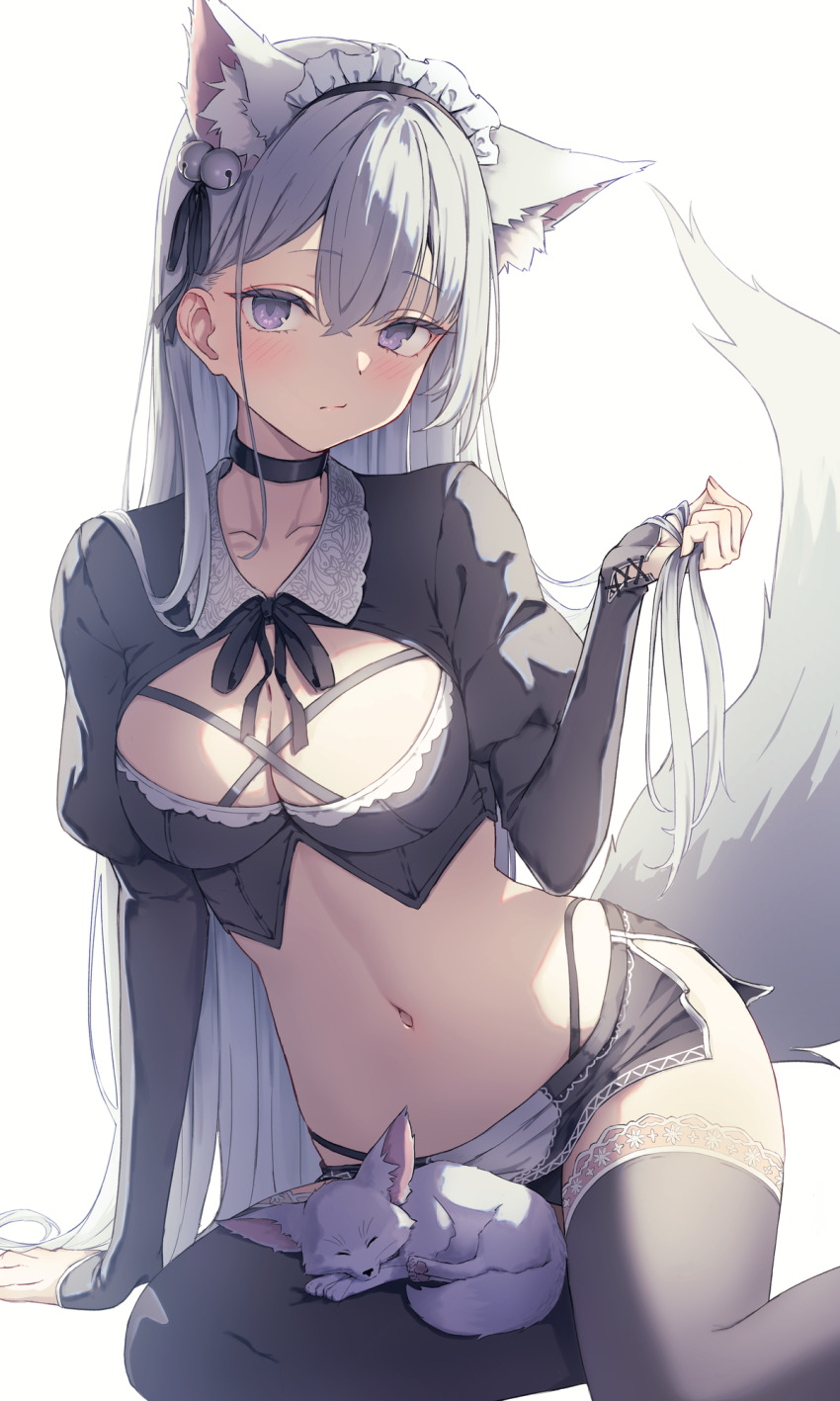 1girl animal animal_ear_fluff animal_ears bell black_panties black_shirt black_skirt black_thighhighs breasts cleavage closed_mouth collared_shirt commentary_request feet_out_of_frame fox grey_eyes grey_hair hair_bell hair_between_eyes hair_ornament hand_up highleg highleg_panties highres jingle_bell long_sleeves looking_at_viewer maid_headdress medium_breasts microskirt navel original panties ryuudog shirt simple_background skirt sleeves_past_wrists solo tail thighhighs underwear white_background