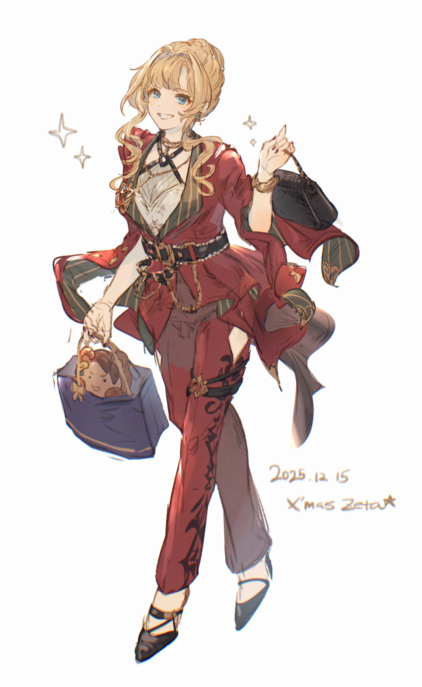 1girl absurdres aqua_eyes bag beatrix_(granblue_fantasy) belt black_bag black_shoes blonde_hair blue_bag bracelet character_doll coat commentary_request dated doll earrings full_body granblue_fantasy grin handbag hibana_(hibana_ztlv) highres jewelry looking_at_viewer nail_polish pants red_coat red_nails red_pants shoes sidelocks simple_background smile solo sparkle white_background zeta_(granblue_fantasy)