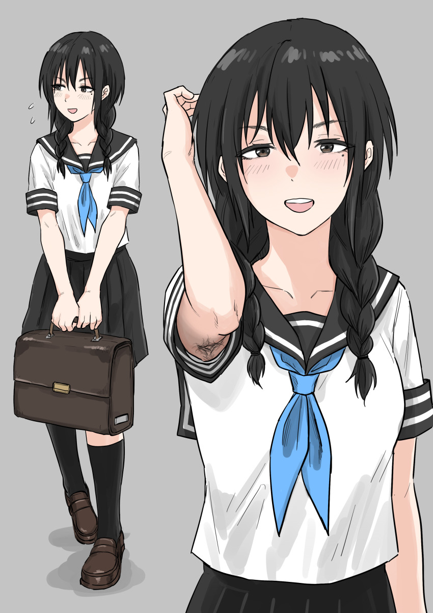 1girl absurdres arm_up armpit_hair armpits bag black_hair black_sailor_collar black_skirt black_socks blue_neckerchief braid brown_eyes brown_shoes commentary_request flying_sweatdrops fuku_(fuku12290574) grey_background hair_between_eyes highres holding holding_bag loafers long_hair looking_at_viewer mole mole_under_eye multiple_views neckerchief open_mouth original pleated_skirt sailor_collar sailor_shirt school_uniform serafuku shirt shoes short_sleeves simple_background skirt socks standing twin_braids white_shoes
