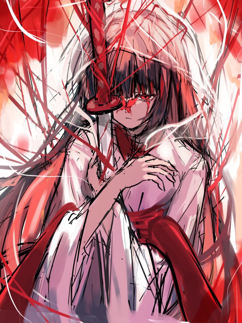1girl black_hair blood bloody_tears bridal_veil bug butterfly closed_mouth crying crying_with_eyes_open highres holding holding_sword holding_weapon hood hugging_object insect japanese_clothes katana kimono limbus_company long_hair long_sleeves looking_at_viewer project_moon ranyo0680 red_eyes ryoshu_(project_moon) see-through_clothes shiromuku solo string sword tears uchikake veil wataboushi weapon white_kimono wide_sleeves