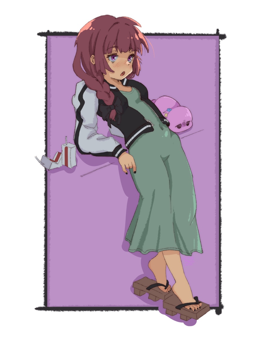 1girl absurdres alcohol_carton arm_support barefoot black_nails bocchi_the_rock! braid commentary covered_navel dress drink_carton english_commentary geta gotoh_hitori gotoh_hitori_(tsuchinoko) green_dress hair_over_shoulder highres hiroi_kikuri jacket light_blush long_hair open_mouth outside_border purple_background purple_eyes purple_hair reclining solo standing treepxiv