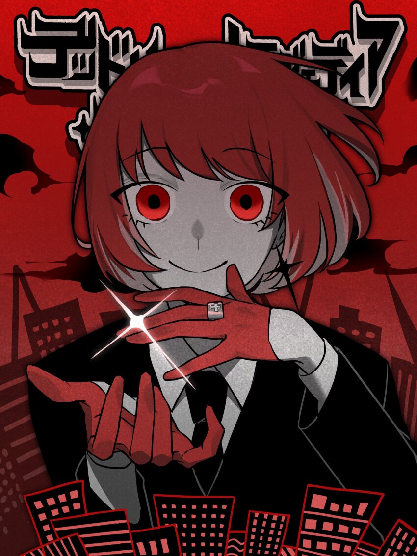 1girl absurdres black_jacket black_necktie building closed_mouth cloud collared_shirt colored_inner_hair commentary_request copyright_name dare_1025 deadly_madman's_tragedia diffraction_spikes earrings gloves half_gloves hands_up highres jacket jewelry kasane_teto long_sleeves multicolored_hair necktie red_eyes red_gloves red_hair red_theme ring shirt short_hair single_earring smile solo straight-on synthesizer_v upper_body utau white_shirt