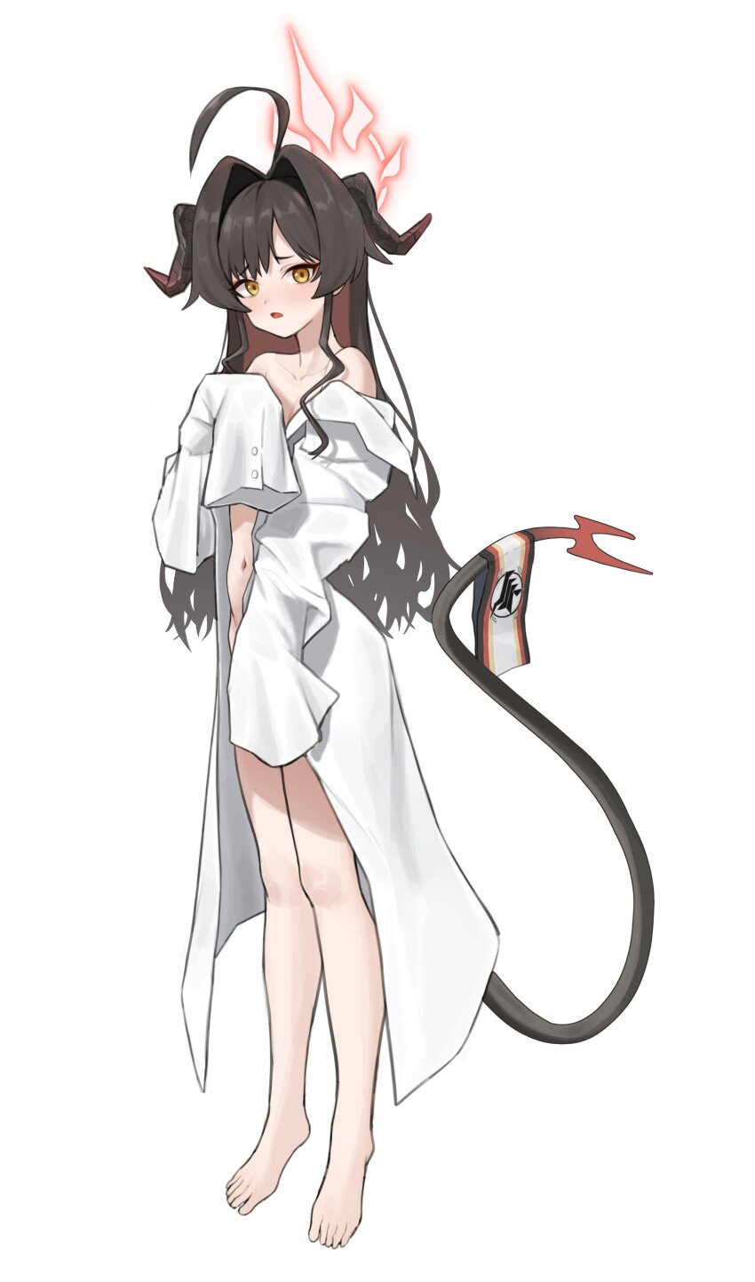 1girl absurdres ahoge barefoot blue_archive blush brown_hair commentary_request demon_horns demon_tail erenav full_body halo highres horns kasumi_(blue_archive) korean_commentary lab_coat looking_at_viewer naked_lab_coat navel off_shoulder open_mouth simple_background solo stomach tail white_background yellow_eyes