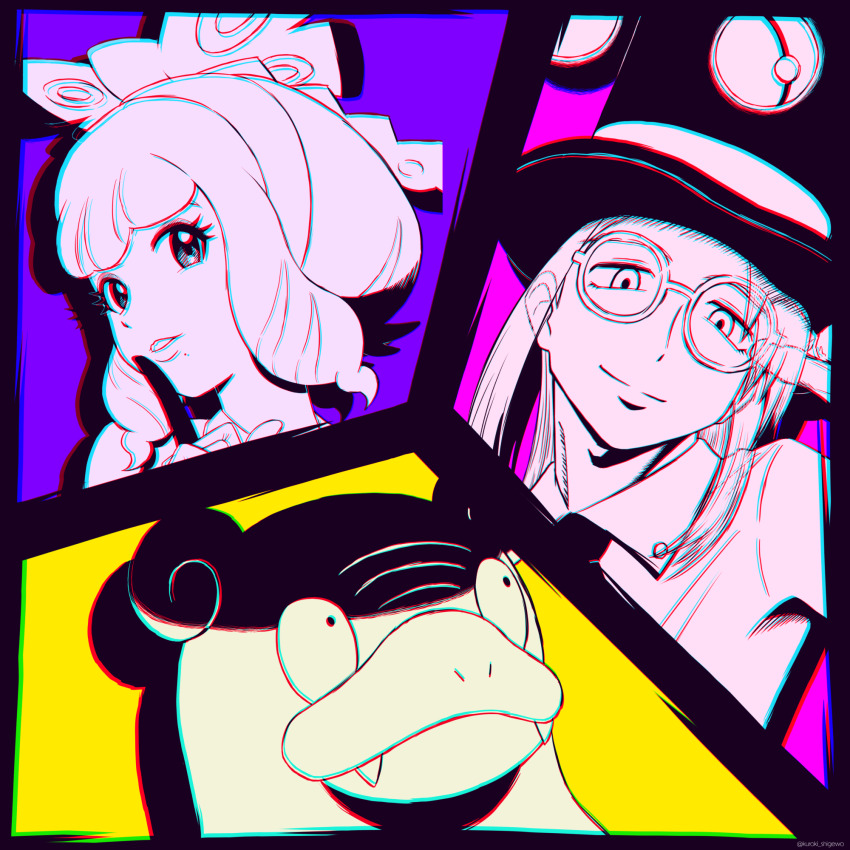 1boy 1girl adjusting_eyewear avery_(pokemon) bow chromatic_aberration closed_mouth commentary_request fangs galarian_slowbro glasses greyscale_with_colored_background hair_bow hat highres index_finger_raised klara_(pokemon) kuroki_shigewo long_hair mole mole_under_mouth nintendo nostrils poke_ball poke_ball_(basic) pokemon pokemon_(creature) pokemon_swsh round_eyewear short_hair sidelocks smile split_mouth top_hat