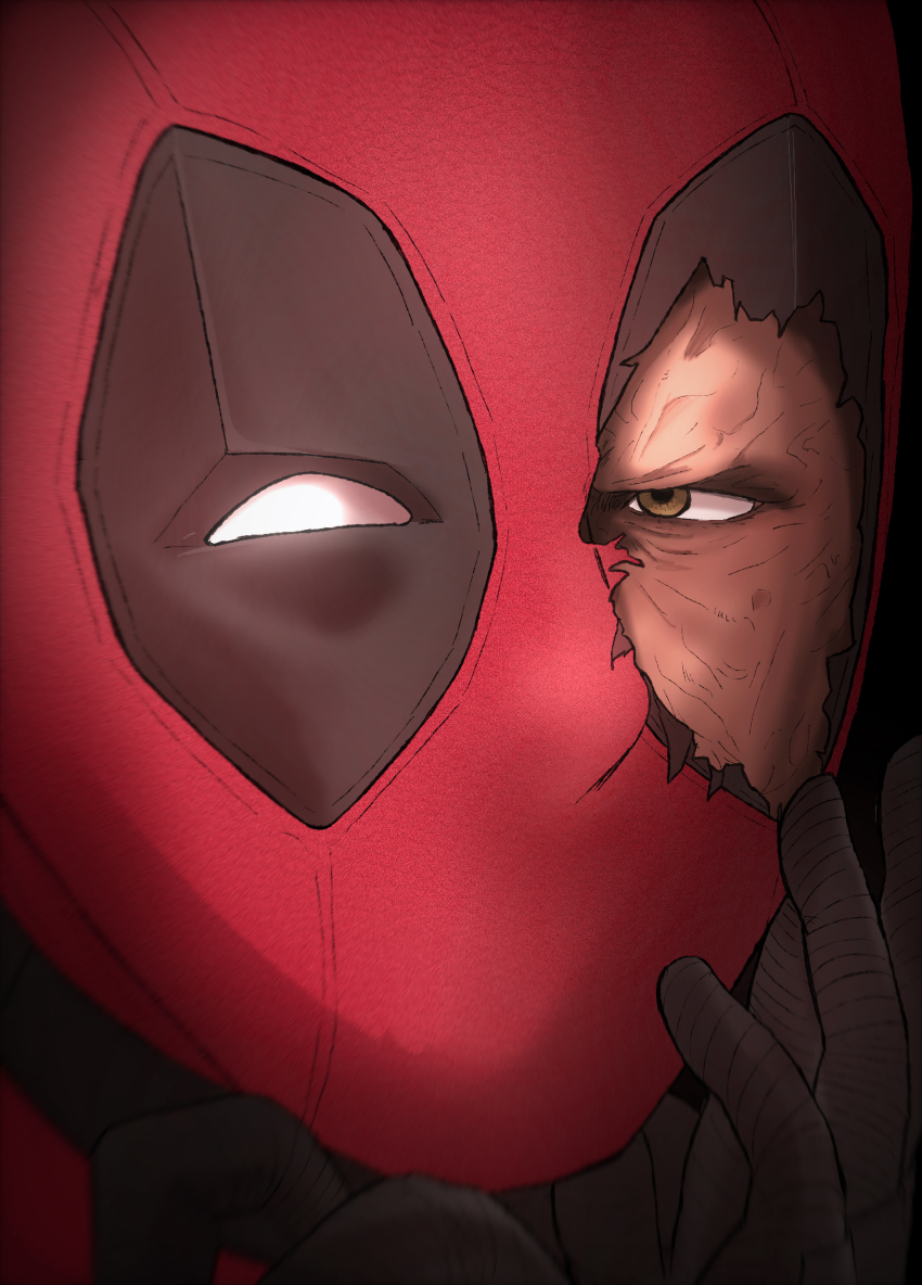 1boy absurdres black_gloves brown_eyes close-up commentary cracked_kawaii_mask deadpool deadpool_(series) gloves gozen_no_koucha highres male_focus marvel mask solo superhero_costume torn_mask wrinkled_skin