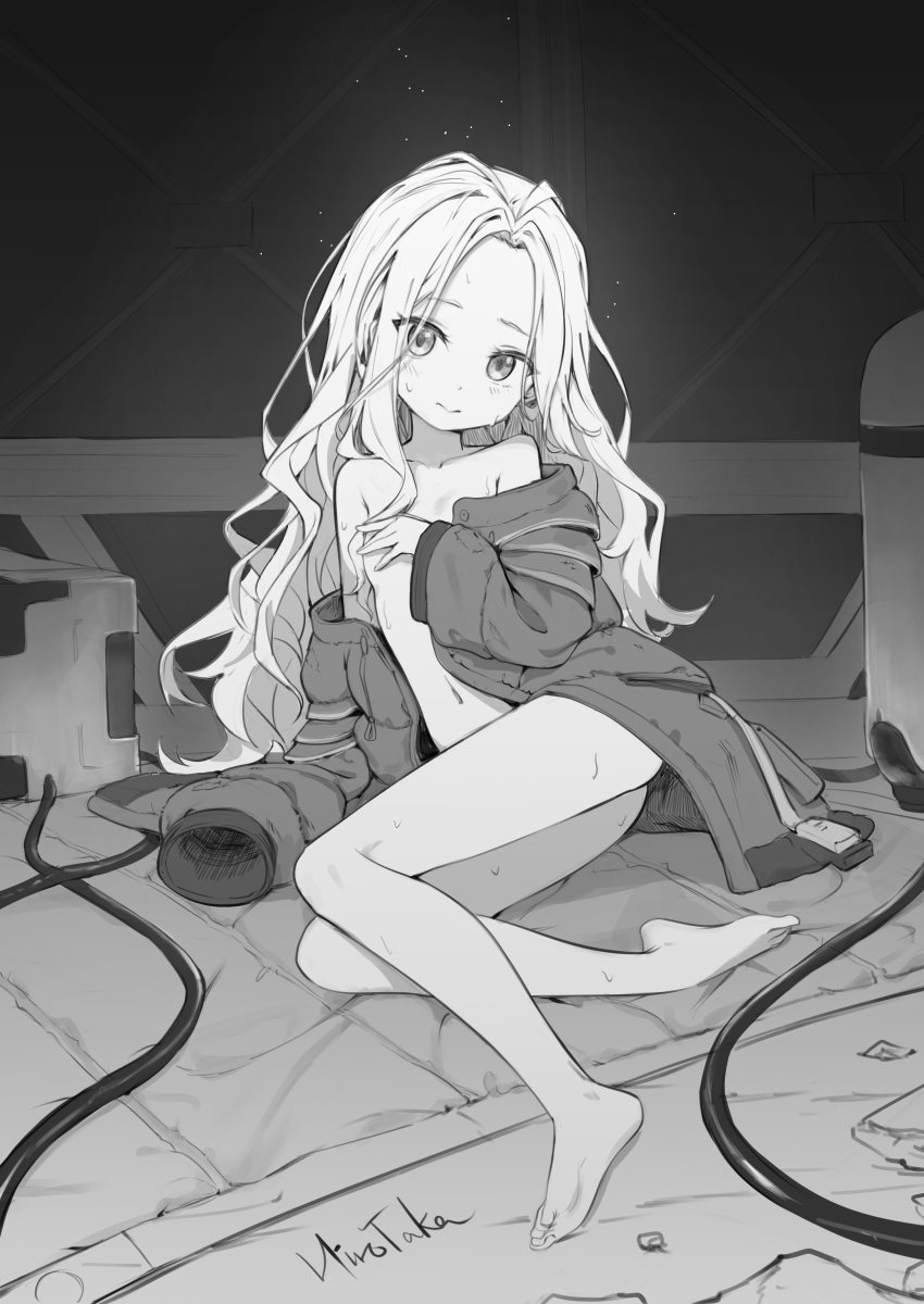 1girl absurdres barefoot breasts cable closed_mouth coat covering_breasts covering_privates diana_(pragmata) feet female_focus greyscale highres hirotaka0125 light_blush loli long_hair long_sleeves looking_at_viewer monochrome naked_coat navel off_shoulder pragmata puffy_long_sleeves puffy_sleeves signature sitting sleeves_past_fingers sleeves_past_wrists small_breasts soles solo sweat toes very_long_hair yokozuwari