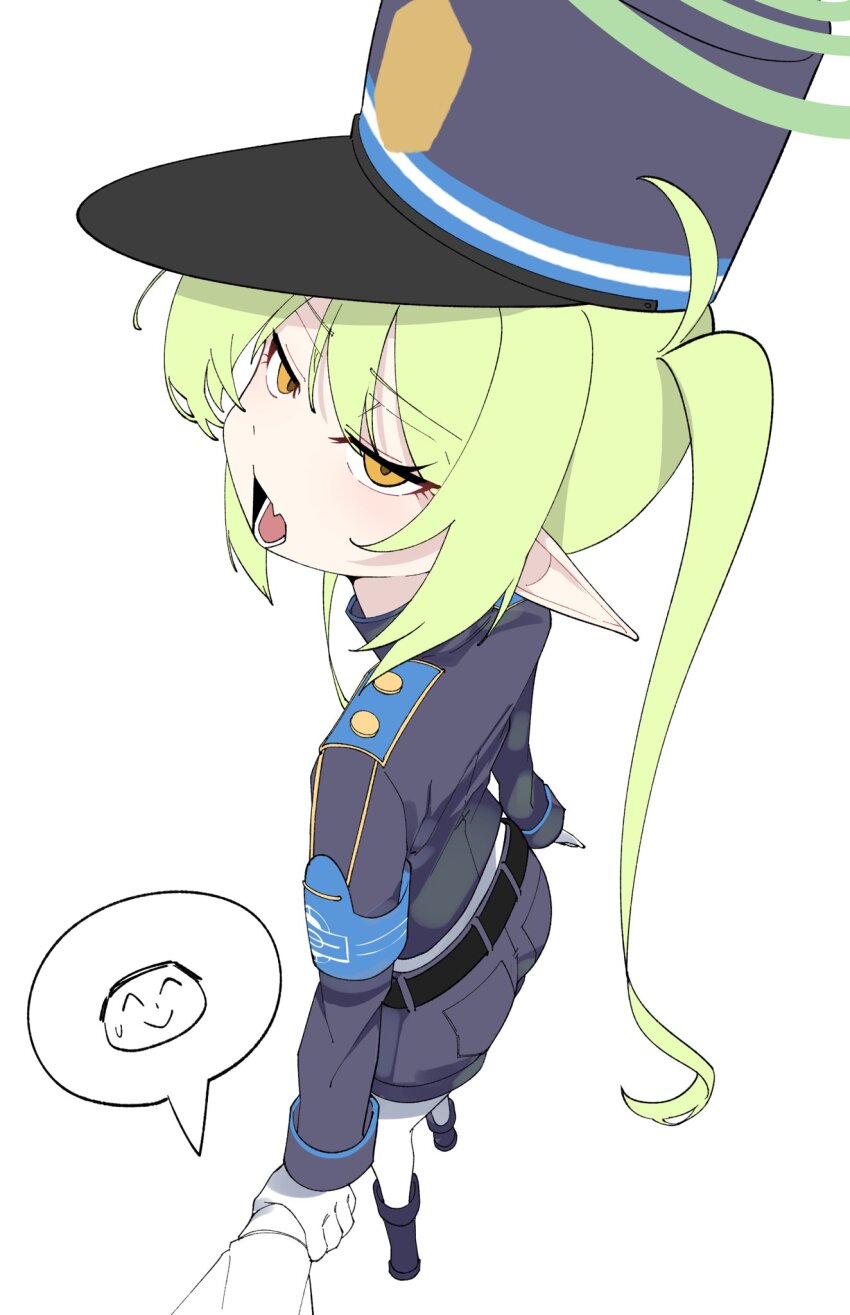 1girl armband belt black_belt blue_archive blue_armband blue_hat demon_tail doodle_sensei_(blue_archive) fang gloves green_hair halo hat highres holding_hands looking_at_viewer nozomi_(blue_archive) open_mouth pantyhose pointy_ears sensei_(blue_archive) simple_background tail train_conductor white_gloves white_pantyhose yellow_eyes zhugul0804