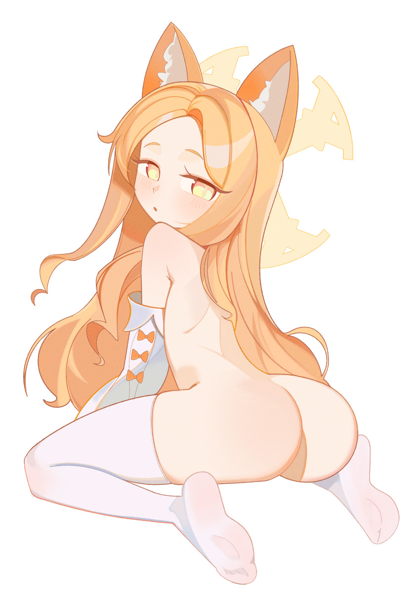1girl absurdres animal_ears ass blonde_hair blue_archive blush elbow_gloves female_focus flat_chest fox_ears fox_girl gloves halo highres legs loli long_hair looking_at_viewer looking_back noxtwice nude seia_(blue_archive) simple_background sitting solo thighhighs thighs white_background white_thighhighs yellow_eyes