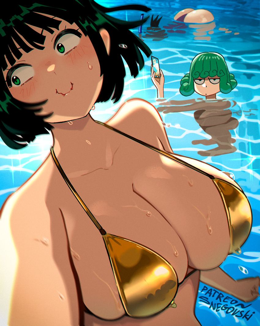 1boy 2girls ass bikini black_hair blush breasts cellphone cleavage closed_mouth commentary english_commentary fubuki_(one-punch_man) gold_bikini green_eyes green_hair highres holding holding_phone large_breasts multiple_girls one-punch_man onsoku_no_sonic partially_submerged patreon_username phone pool selfie siblings sisters snegovski swimsuit tatsumaki upper_body wet