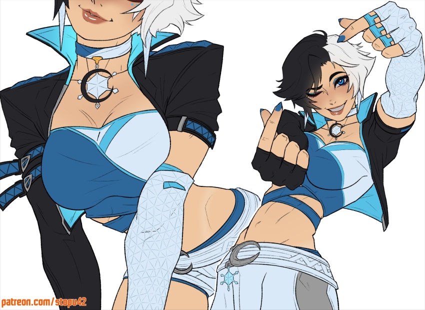 1girl black_gloves black_hair black_jacket blue_choker blue_eyeliner blue_eyes blue_nails blue_tank_top breasts choker collarbone collared_jacket cowboy_shot crescent_ornament cropped_jacket double_finger_heart elbow_gloves eyelashes eyeliner finger_heart gloves highres jacket large_breasts leaning_forward lips looking_at_viewer luna_snow makeup marvel marvel_rivals midriff multicolored_hair nose one_eye_closed open_clothes open_jacket outline parted_lips patreon_username reaching reaching_towards_viewer short_hair shorts simple_background smile snowflake_ornament stopu tank_top teeth two-tone_choker two-tone_hair white_background white_choker white_gloves white_hair white_outline white_shorts
