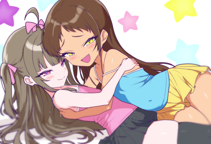 2girls absurdres ahoge black_skirt black_thighhighs blue_camisole blush bow brown_hair camisole closed_mouth commentary_request dark-skinned_female dark_skin fang flat_chest furrowed_brow hair_bow heart heart-shaped_pupils highres hug jamilsaga long_hair looking_at_viewer lying lying_on_person mesugaki miniskirt multiple_girls on_back one_side_up open_mouth original pink_bow pink_camisole pink_eyes pleated_skirt sayama_chie shoujo_ramune skirt smile split_mouth star_(symbol) strap_slip symbol-shaped_pupils thighhighs very_long_hair yellow_eyes yellow_skirt